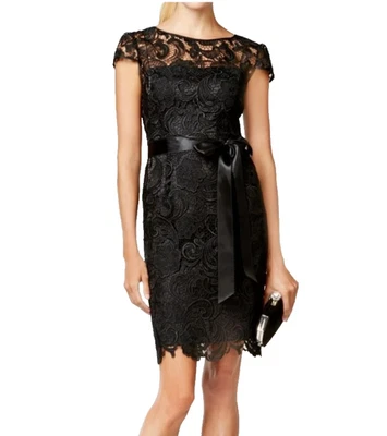 Vestido Formal Adriana Papell Negro Encaje Ilusión Manga Gorra Satén Lazo Cóctel 6 Foto 1 de 4