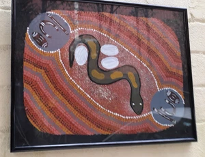 VINTAGE ABORIGINAL ACRYLIC DOT PAINTING SNAKE ON BOARD FRAMED ART - Picture 1 of 7