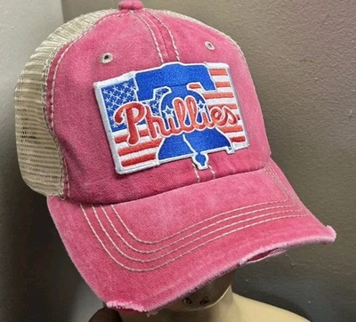 Philadelphia Phillies Hat USA FLAG Distressed Red & Khaki Mesh Phillies Hat - Image 1 of 4