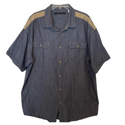 Sean John Denim Button Shirt Men's Sz 3X Gray W/ Tan Shoulder Epaulet Preppy Vtg - Image 1 of 4