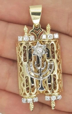 14K желтое золото бриллиант еврейский Библия Тора свиток заповеди звезда подвеска открытый - Изображение 1 из 4