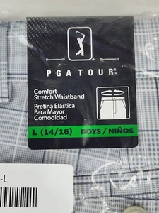 PGA Tour Shorts Boys Size L (14/16) Golf Stretch Waistband Plaid New Tags Gray - Picture 1 of 3