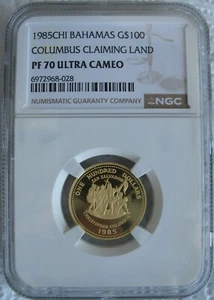 Bahamas 1985 Gold $100 NGC PF-70 Ul.Cam. COLUMBUS CLAIMING LAND (Mintage 450) - Picture 1 of 3