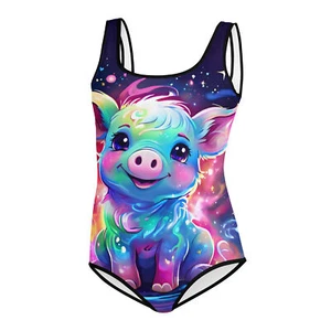 Whimsical Colorful Piglet Youth Swimsuit - Picture 1 of 32