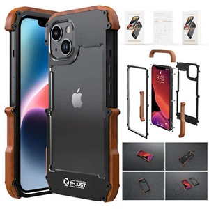 R-JUST Wood Metal Frame Bumper Hybrid Wooden Case Cover For iPhone 13 14 15 16 - Picture 1 of 15