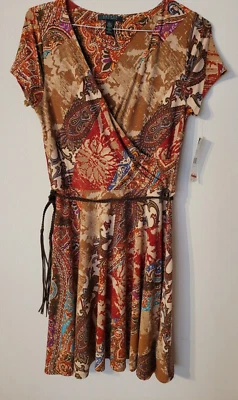 LAUREN RALPH LAUREN Paisley Belted Dress Size Large Brown, Red & Blues NWT - Image 1 of 4
