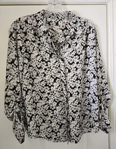ELLE Shirt Top Women S Multicolored Floral Roll Tab Button Up Collared L/S - Picture 1 of 12