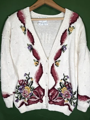 Vintage Marisa Christina Hand Knit Cardigan Women’s S Floral Pearl Button - Image 1 of 4