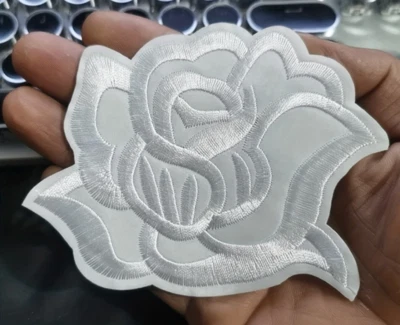 WHITE ROSE Flower  - 4 1/3" LARGE Embroidered Iron-On Patch - Image 1 of 3