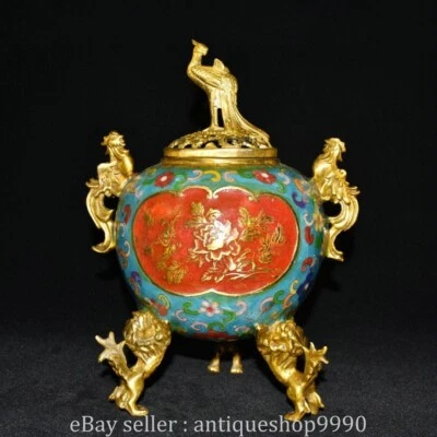 Queimador de incenso tampa de pavão perna de leão orelha de fênix cloisonne cobre chinês 9,6" - Imagem 1 de 4