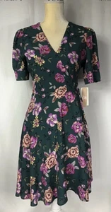 Gianni Bini Flare A-Line Dress Wrap Small Short Sleeve Green Floral New - Picture 1 of 10