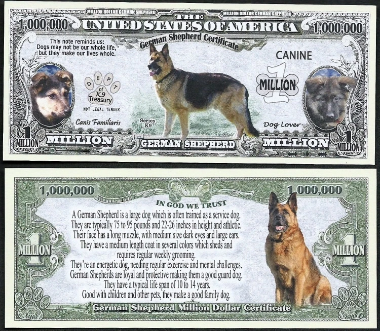 German Shepherd Dog Certificate Million Dollar Funny Money Novelty + FREE SLEEVE