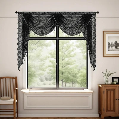 Halloween Boho Negro Encaje Cascada Cenefa Cortinas para Ventanas, Cuentas Góticas... Foto 1 de 4