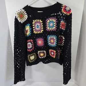 Debut Pullover Granny Square Häkel offen Strickpullover Crew cropped schwarz Gr. M - Bild 1 von 4