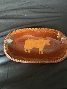 Vintage Signed Foltz Redware Pottery Cow Plate Cottage Core Country Signed - Picture 1 of 5