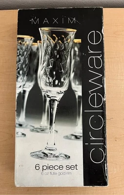 Flautas de champanhe Maxim Circleware com aro dourado conjunto de 6 novas na caixa original - Imagem 1 de 3
