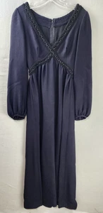 Vintage Black Beaded Chiffon Maxi Dress V-Neck Long Sleeve Boho Formal Gown S/M - Picture 1 of 9