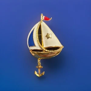 Avon Brooche Sailboat Anchor Nautical Red White Blue Goldtone NOV25 - Picture 1 of 9