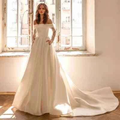 Modern Boat Neck Wedding Dresses Long Sleeves Zipper Back A Line Bridal Gowns US - Image 1 of 4