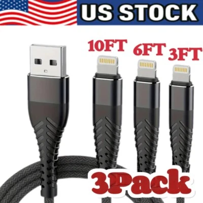 Braided Fast Charger Cable Heavy Duty USB Cord For iPhone 14 13 12 11 X XR 8 7 6 - Image 1 of 4