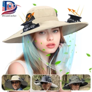 Solar Fan Hat Rechargeable Cooling Cap Wide Brim Camping Fishing Bucket UPF 50+ - Picture 1 of 12