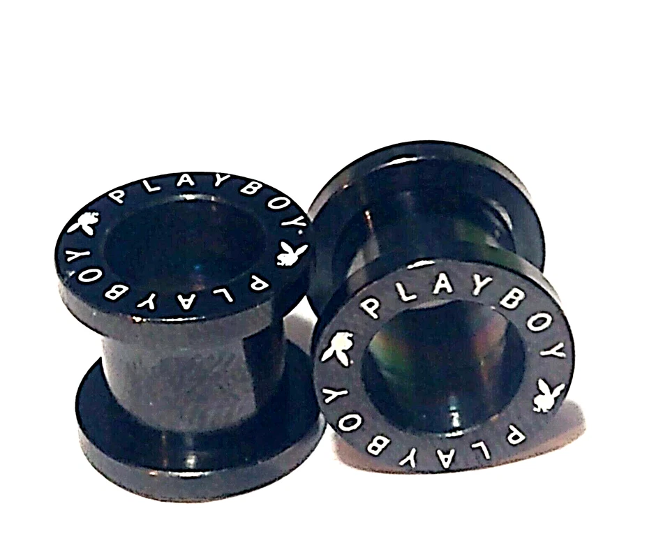 Licensed Black Playboy 0g Screw Fit Ear Tunnels Set Look Sexy Unisex Sexy Gift - Image 1 of 2