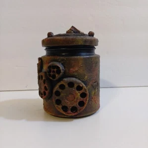 3.5" Steampunk Embellished Glass, Covered Jar. Signed - Picture 1 of 8