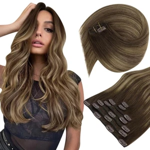 Sunny Hair CLIP-IN 12in Brown/Blonde Straight Human Hair Extensions CP 4-4-27 - Picture 1 of 12