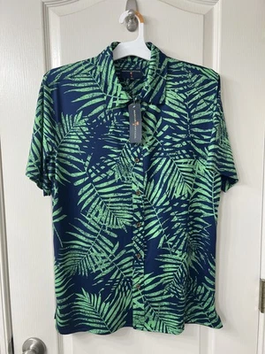 Camisa para hombre Margaritaville abotonada UPF 30+ pequeña azul verde hojas de palma Foto 1 de 3