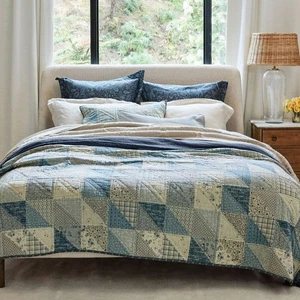Pottery Barn Ellis Reversible Quilt Bedding Blue Beige Patchwork King Cal NEW - Picture 1 of 7