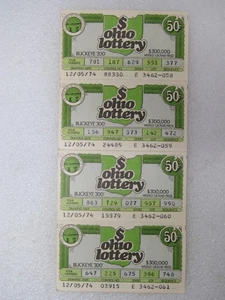1974 Ohio Lottery Buckeye 300 12/05/74 4 biglietti 50 centesimi vintage - Foto 1 di 6