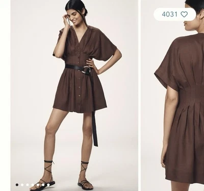 Anthropologie The Tobie Linen Pleated Mini Shirt Dress by Exquise - Brown - XXS - Image 1 of 4