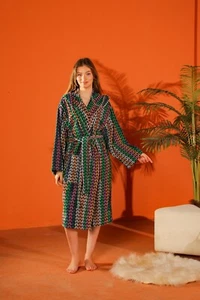 Colorful Hooded Cotton Robe – Layered Chevron Pattern robe with Belt & Pockets - Picture 1 of 11