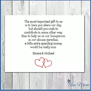 10 PERSONALISED WEDDING MONEY POEM / GIFT POEM CARDS / HONEYMOON WISH POEMS CARD - Picture 1 of 2
