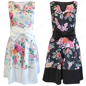 NEU DAMEN DAMEN SCHLITZ AUSSCHNITT SCHLEIFE VORNE BLUMEN SKATERKLEID KASTIG FALTENOPTIK ROCK - Bild 1 von 25