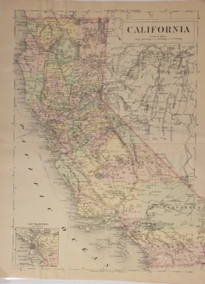 Antigua placa de cobre detallada mapa coloreado a mano California Johnson Cyclopaedia 1897 Foto 1 de 4