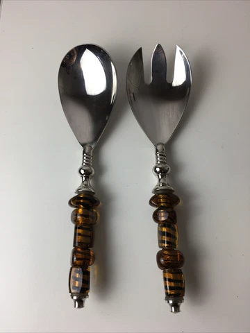 Decorative Amber Stones with Black Stripe Silver Serving Salad Spoon And Fork Cover