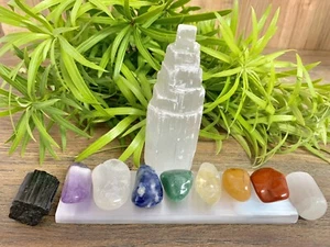 6” Selenit Turm 8” Lineal Chakra Stein Set Kit Therapie Steine Reinigen Aufladen - Bild 1 von 10