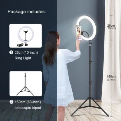 Selfie Ring Led Light 10Inch Tripod Stand Phone Holder Makeup Streaming Video - Image 1 of 4