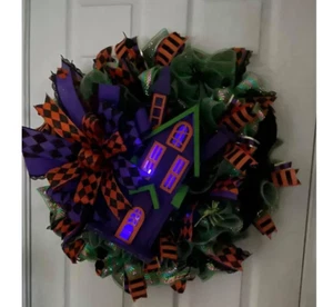 Halloween House with Lights Wreath Front Door Wreath Deco Mesh - Picture 1 of 3