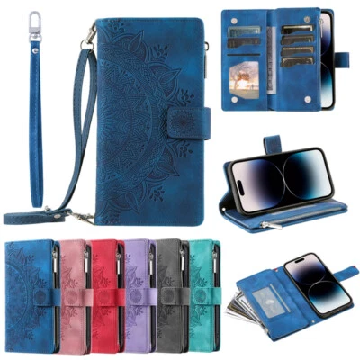 For iPhone 17/16e/15/14/13/12/11 SE 8 Crossbody Wallet Case Zip Card Flip Cover - Image 1 of 4