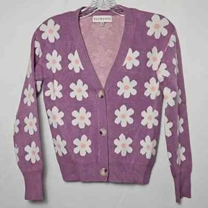 Women's XS Violet V-Neck Knit Button Cardigan with Large White Daisies - Picture 1 of 7