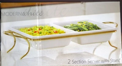 Modern White two section server tray with brass stand - Image 1 of 4