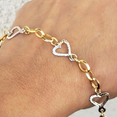 womans 14k yellow white gold diamond cut hearts link Bracelet 8 inch long - Image 1 of 4