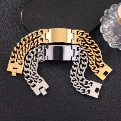 Mens Punk Stainless Steel Double Curb Link Chain ID Bracelet Bangle 22mm 8.66'' - Image 1 of 4