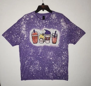 Hocus Pocus Halloween Bleach T-Shirt Purple Tie-Dye Coffee Cups Womens Size XL - Picture 1 of 4