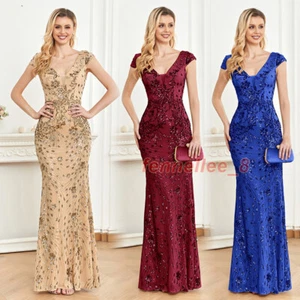 Womens Sequin Long Formal Dress V Neck Evening Dress Ball Gown Short Sleeve Maxi - Picture 1 of 31
