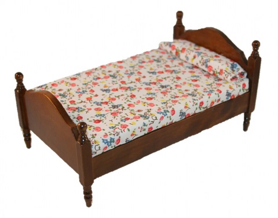 HANDARBEIT Casa delle bambole in miniatura - letto fiorito 16x10 cm marrone antico 1:12