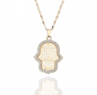 Collar Colgante Filigrana Cristal Transparente Mano Hamsa Grande ZARD en Placa de Oro 18K Foto 1 de 4
