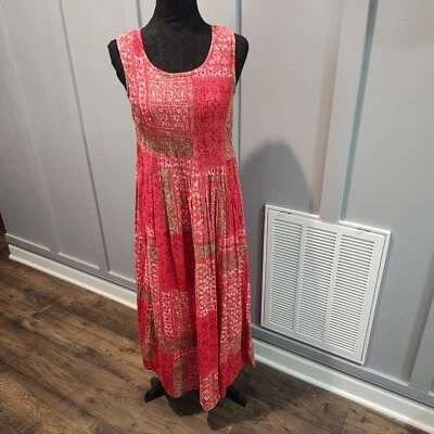 Jane Ashley Boho Maxi Dress S Red Gold Patchwork 100% Cotton Sleeveless Vintage - Image 1 of 4